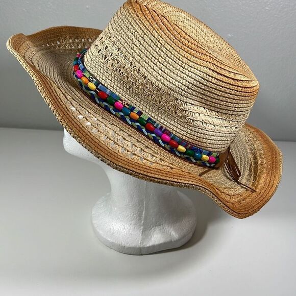 100% Paper Cowboy Hat w/ Leather Rainbow Band. Beige. OSFM. - Picture 2 of 12